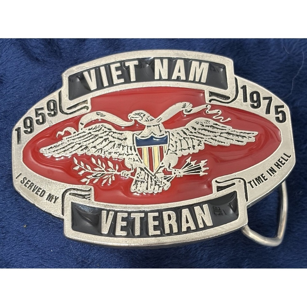 "I Served My Time In Hell" USA Vietnam Veteran Belt Buckle Vintage Enameled